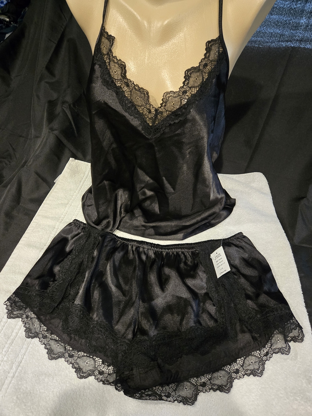 Satin Lace-Trim Black Cami & Short Sleep Set